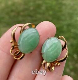 VINTAGE ANTIQUE LARGE JADE 14K GOLD SCREW BACK STUD EARRINGS Signed CJ