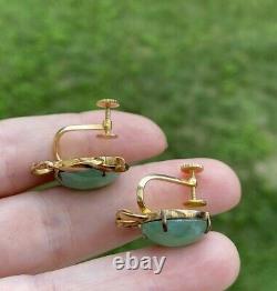 VINTAGE ANTIQUE LARGE JADE 14K GOLD SCREW BACK STUD EARRINGS Signed CJ