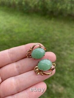 VINTAGE ANTIQUE LARGE JADE 14K GOLD SCREW BACK STUD EARRINGS Signed CJ