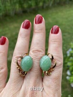 VINTAGE ANTIQUE LARGE JADE 14K GOLD SCREW BACK STUD EARRINGS Signed CJ