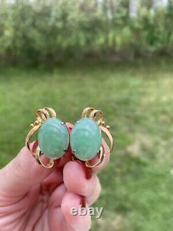 VINTAGE ANTIQUE LARGE JADE 14K GOLD SCREW BACK STUD EARRINGS Signed CJ