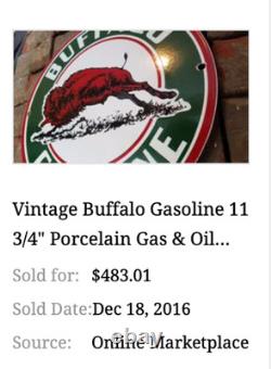 VINTAGE BUFFALO GASOLINE With WESTERN BISON 11 3/4 PORCELAIN METAL GAS & OIL SIGN