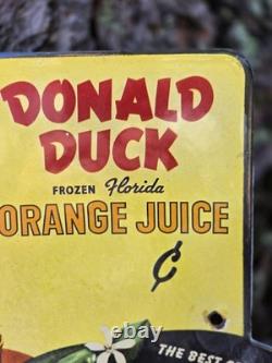 VINTAGE DONALD DUCK FROZEN FLORIDA ORANGE JUICE PORCELAIN SIGN 11x9