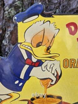 VINTAGE DONALD DUCK FROZEN FLORIDA ORANGE JUICE PORCELAIN SIGN 11x9
