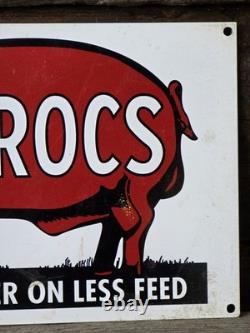 VINTAGE DUROCS FEED PORCELAIN SIGN GROW FASTER ON LESS FEED 12x8
