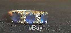 VINTAGE ESTATE 14K GOLD GENUINE Ceylon BLUE SAPPHIRE & DIAMOND RING SIGNED RJM