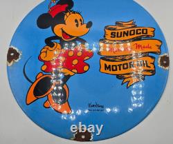 VINTAGE GENUINE Minnie Mouse Sunco PORCELAIN SIGN PUMP PLATE GAS STATION OIL