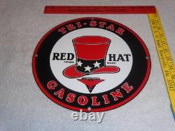VINTAGE INDEPENDENT OIL & RED HAT GASOLINE With BIRD 11 1/4 PORCELAIN METAL SIGN