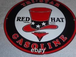 VINTAGE INDEPENDENT OIL & RED HAT GASOLINE With BIRD 11 1/4 PORCELAIN METAL SIGN