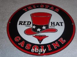 VINTAGE INDEPENDENT OIL & RED HAT GASOLINE With BIRD 11 1/4 PORCELAIN METAL SIGN