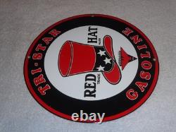 VINTAGE INDEPENDENT OIL & RED HAT GASOLINE With BIRD 11 1/4 PORCELAIN METAL SIGN