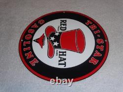 VINTAGE INDEPENDENT OIL & RED HAT GASOLINE With BIRD 11 1/4 PORCELAIN METAL SIGN
