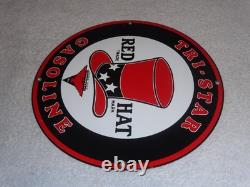 VINTAGE INDEPENDENT OIL & RED HAT GASOLINE With BIRD 11 1/4 PORCELAIN METAL SIGN