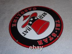 VINTAGE INDEPENDENT OIL & RED HAT GASOLINE With BIRD 11 1/4 PORCELAIN METAL SIGN