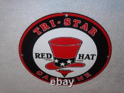 VINTAGE INDEPENDENT OIL & RED HAT GASOLINE With BIRD 11 1/4 PORCELAIN METAL SIGN