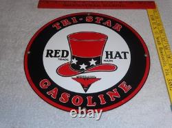 VINTAGE INDEPENDENT OIL & RED HAT GASOLINE With BIRD 11 1/4 PORCELAIN METAL SIGN