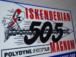 VINTAGE ISKENDERIAN POLYDYNE 505 RACING CAM With BIRD 12 METAL GASOLINE OIL SIGN