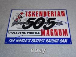 VINTAGE ISKENDERIAN POLYDYNE 505 RACING CAM With BIRD 12 METAL GASOLINE OIL SIGN