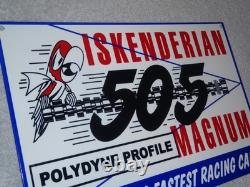 VINTAGE ISKENDERIAN POLYDYNE 505 RACING CAM With BIRD 12 METAL GASOLINE OIL SIGN