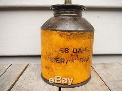 Vintage John Deere Yellow Oiler Oil Can C. Dahl Hammer South Dakota Rare! Sign