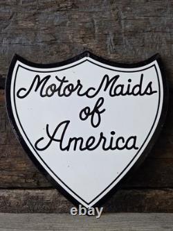 VINTAGE MOTOR MAIDS OF AMERICA PORCELAIN SIGN WOMENS MOTORCYCLE 11x11