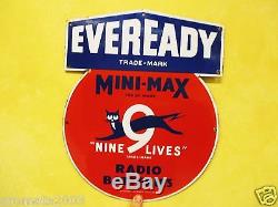 VINTAGE RAREEVEREADY ANTIQUE Batteries Nine Livesenamel porcelain sign 1940s