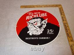 VINTAGE RICHLUBE MONKEY 25 c QUART APE 11 3/4 PORCELAIN METAL GASOLINE OIL SIGN