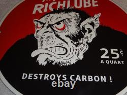 VINTAGE RICHLUBE MONKEY 25 c QUART APE 11 3/4 PORCELAIN METAL GASOLINE OIL SIGN