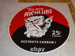 VINTAGE RICHLUBE MONKEY 25 c QUART APE 11 3/4 PORCELAIN METAL GASOLINE OIL SIGN