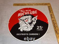 VINTAGE RICHLUBE MONKEY 25 c QUART APE 11 3/4 PORCELAIN METAL GASOLINE OIL SIGN