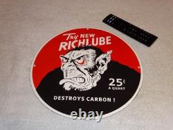 VINTAGE RICHLUBE MONKEY 25 c QUART APE 11 3/4 PORCELAIN METAL GASOLINE OIL SIGN