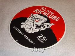 VINTAGE RICHLUBE MONKEY 25 c QUART APE 11 3/4 PORCELAIN METAL GASOLINE OIL SIGN