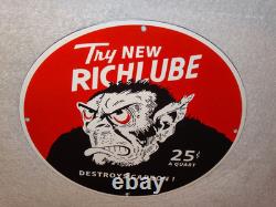 VINTAGE RICHLUBE MONKEY 25 c QUART APE 11 3/4 PORCELAIN METAL GASOLINE OIL SIGN