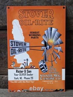 VINTAGE STOVER OIL-RITE PORCELAIN SIGN OLIVER OIL, FREEPORT, ILL 12x8