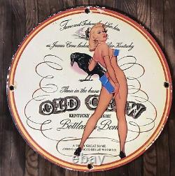 VINTAGE STYLE OLD CROW WHISKEY WithPINUP PORCELAIN SIGN 12 INCH ROUND