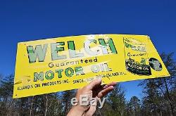 VINTAGE WELCH MOTOR OIL SIGN w OLD CAR & CAN STILL IN PAPER UNFINDABLE DEAD MINT