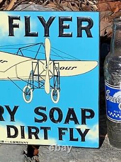 VINTAGE WHITE FLYER LAUNDRY SOAP EMBOSSED METAL ADVERTISING SIGN (13x9) NICE