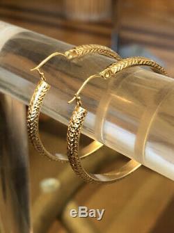 VTG 14 K Signed SLC Large Yellow Gold Diamond Cut Round Hoop Earrings 3.5 G