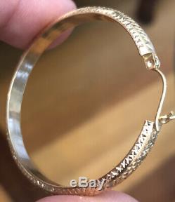 VTG 14 K Signed SLC Large Yellow Gold Diamond Cut Round Hoop Earrings 3.5 G