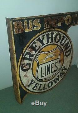 Vtg Greyhound Bus Depot Yelloway Stop Gas Oil Farm Metal Flange Sign