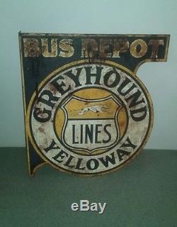 Vtg Greyhound Bus Depot Yelloway Stop Gas Oil Farm Metal Flange Sign