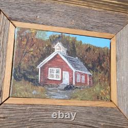 VTG Oil On Canvas Little Red School House Randolph Vt Signed F. E. M