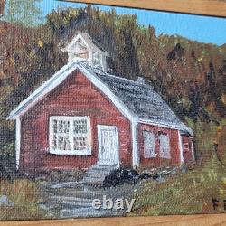 VTG Oil On Canvas Little Red School House Randolph Vt Signed F. E. M