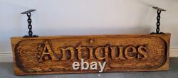 VTG Solid 1.5 Oak Hanging Sign Hand-Carved Retail Shop ANTIQUES 5' By 15