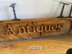 VTG Solid 1.5 Oak Hanging Sign Hand-Carved Retail Shop ANTIQUES 5' By 15