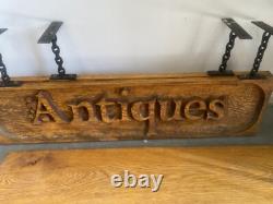VTG Solid 1.5 Oak Hanging Sign Hand-Carved Retail Shop ANTIQUES 5' By 15