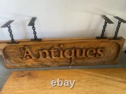 VTG Solid 1.5 Oak Hanging Sign Hand-Carved Retail Shop ANTIQUES 5' By 15