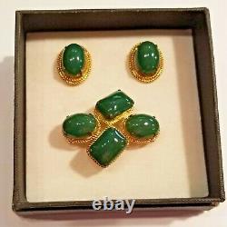 VTG original 1966 signed Christian Dior green cabochon brooch & clip-on earrings