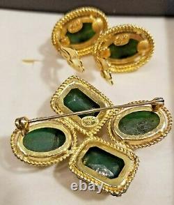 VTG original 1966 signed Christian Dior green cabochon brooch & clip-on earrings