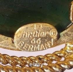 VTG original 1966 signed Christian Dior green cabochon brooch & clip-on earrings